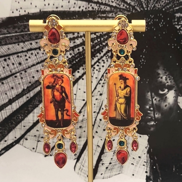 Vintage Estate Saint & Devil Signed Baroque Crystal Embellished Dangle Earrings - Picture 1 of 13